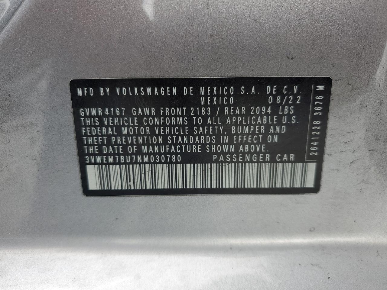 2022 Volkswagen Jetta Se VIN: 3VWEM7BU7NM030780 Lot: 65150995