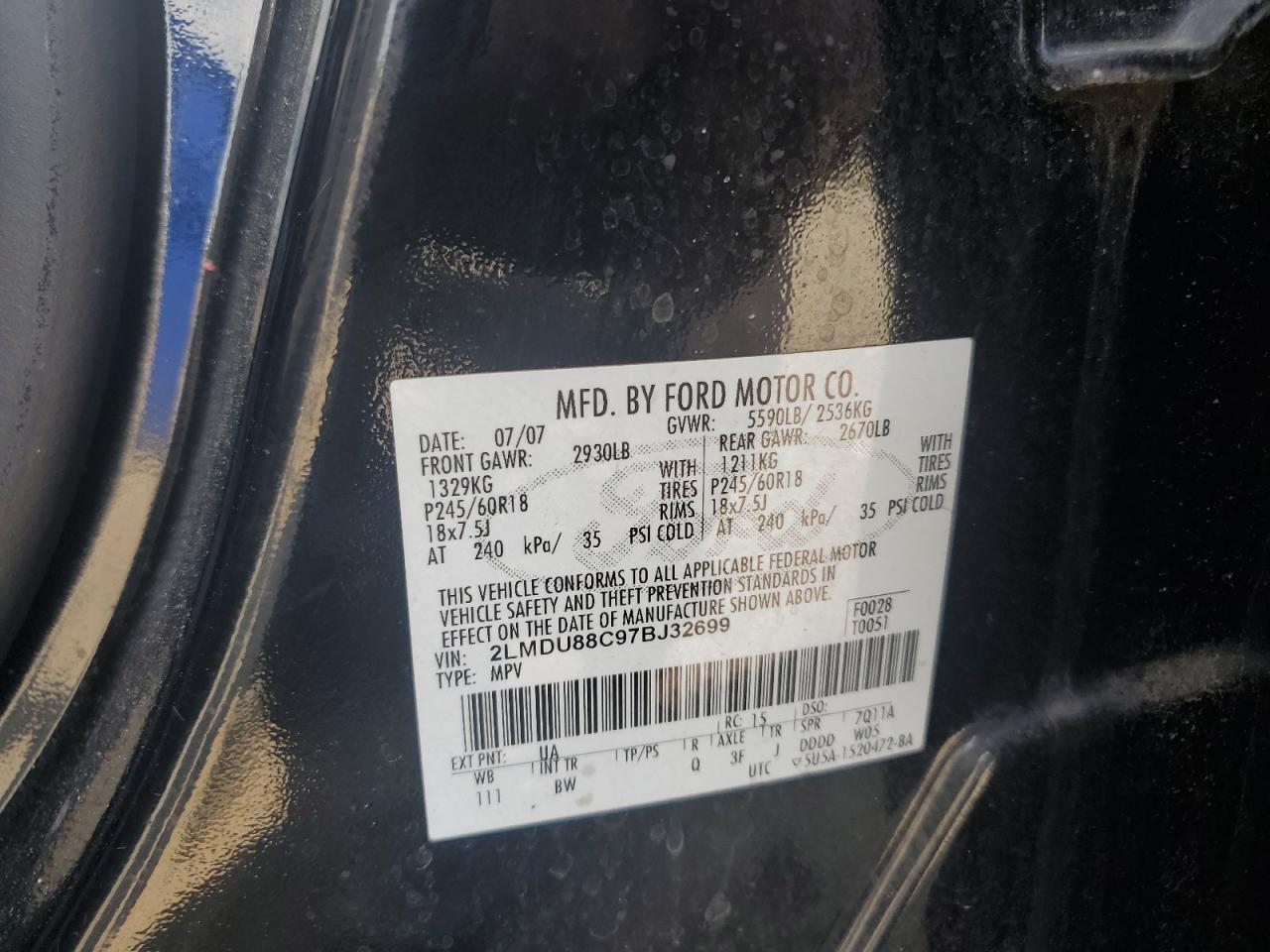 2007 Lincoln Mkx VIN: 2LMDU88C97BJ32699 Lot: 64784285