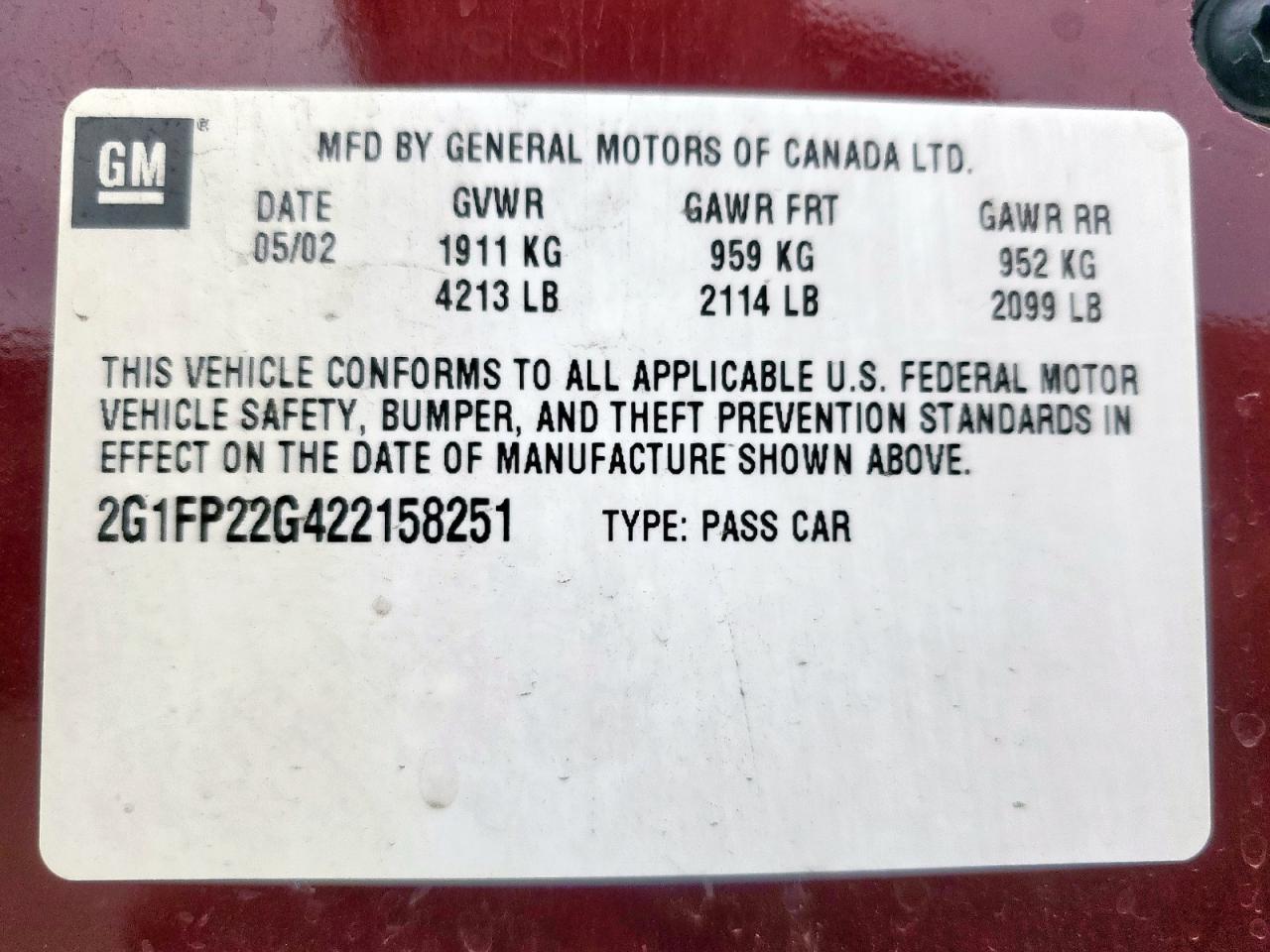 2002 Chevrolet Camaro Z28 VIN: 2G1FP22G422158251 Lot: 63643815