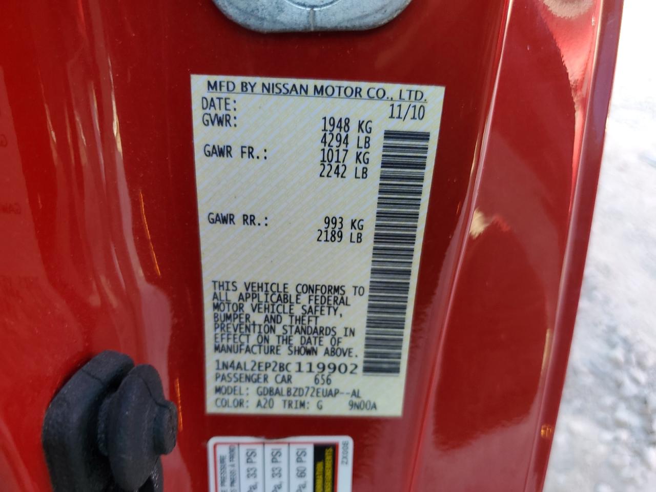 2011 Nissan Altima S VIN: 1N4AL2EP2BC119902 Lot: 66566735