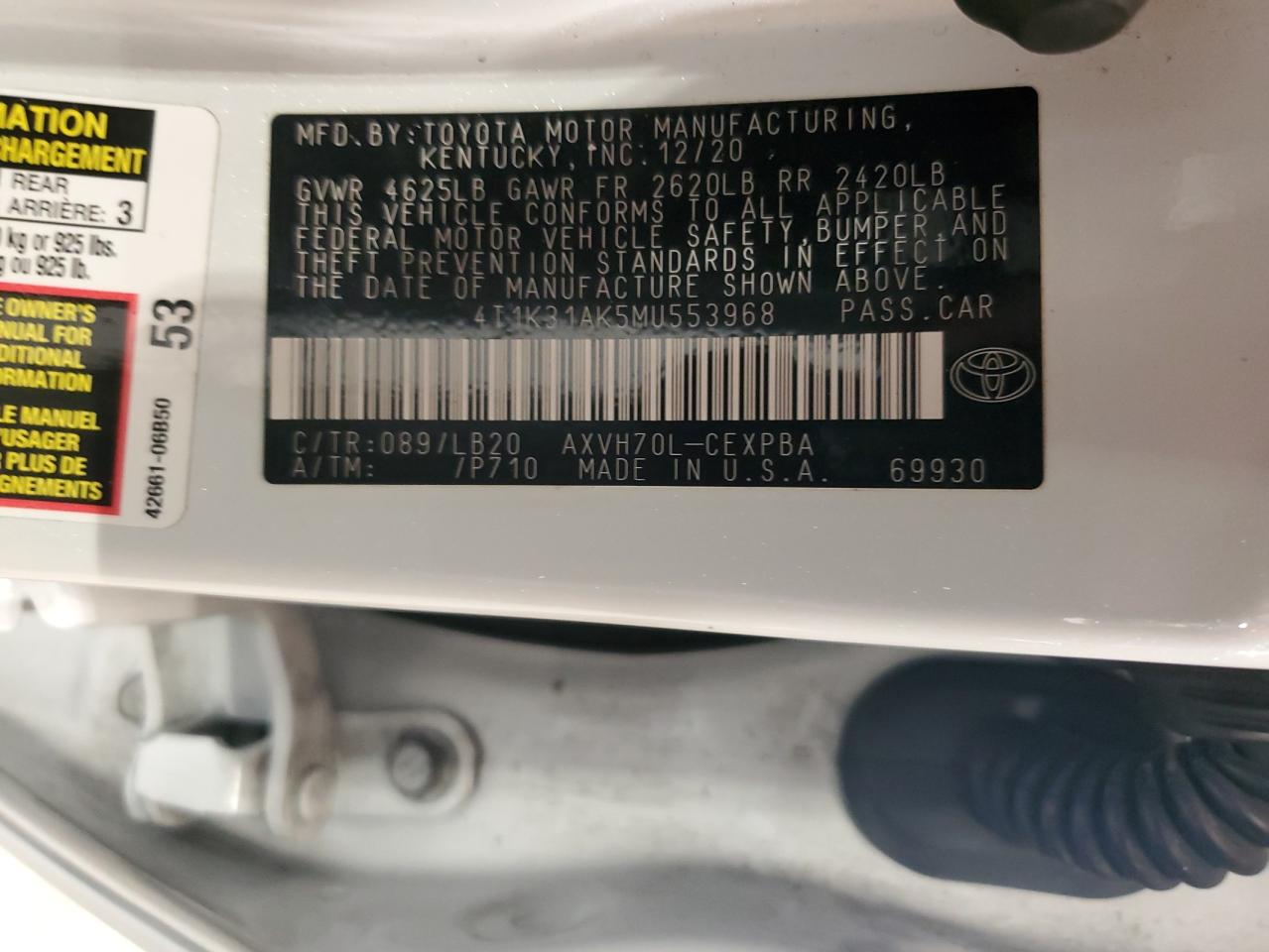 2021 Toyota Camry Xse VIN: 4T1K31AK5MU553968 Lot: 62929095