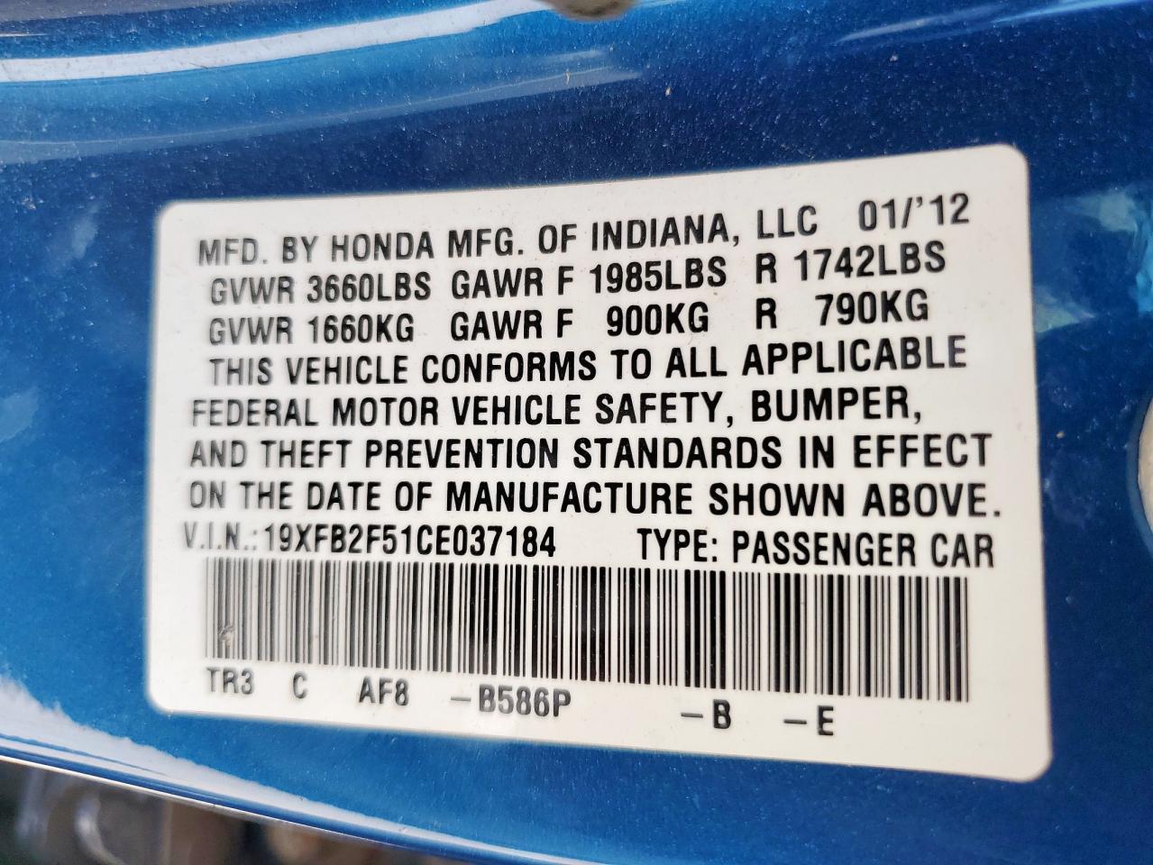 2012 Honda Civic Lx VIN: 19XFB2F51CE037184 Lot: 64577335