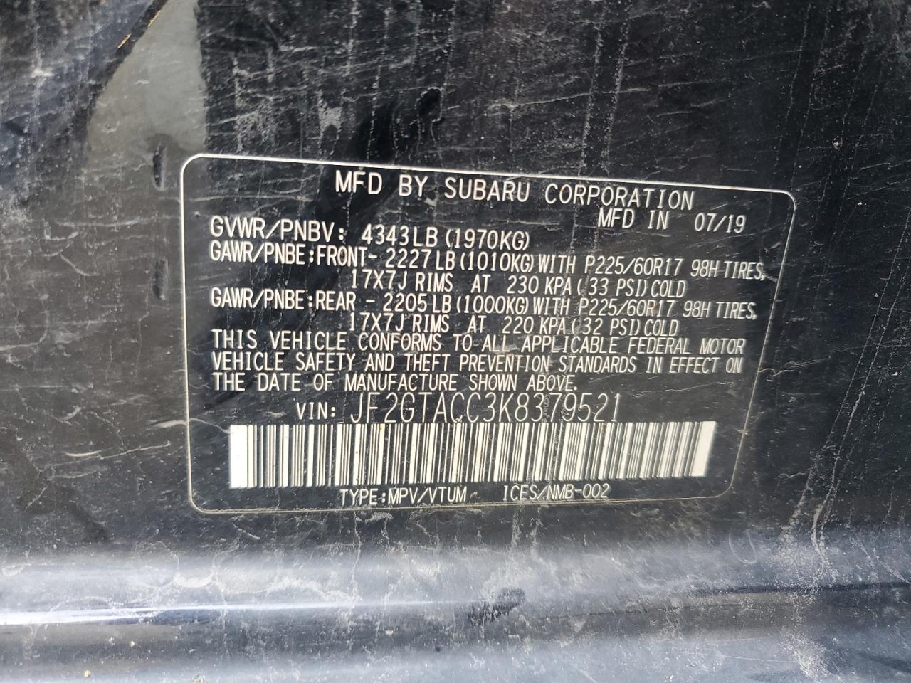 2019 Subaru Crosstrek Premium VIN: JF2GTACC3K8379521 Lot: 64566325