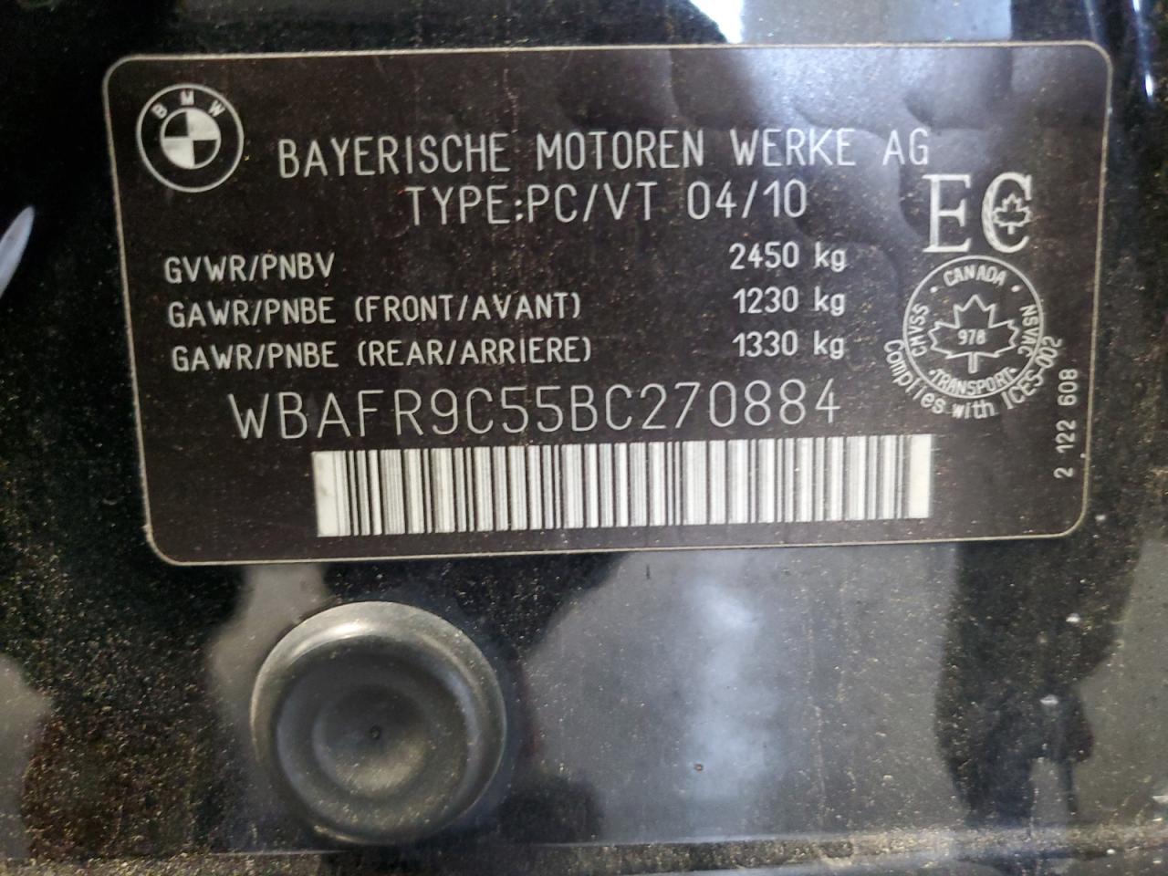 2011 BMW 550 I VIN: WBAFR9C55BC270884 Lot: 65214165