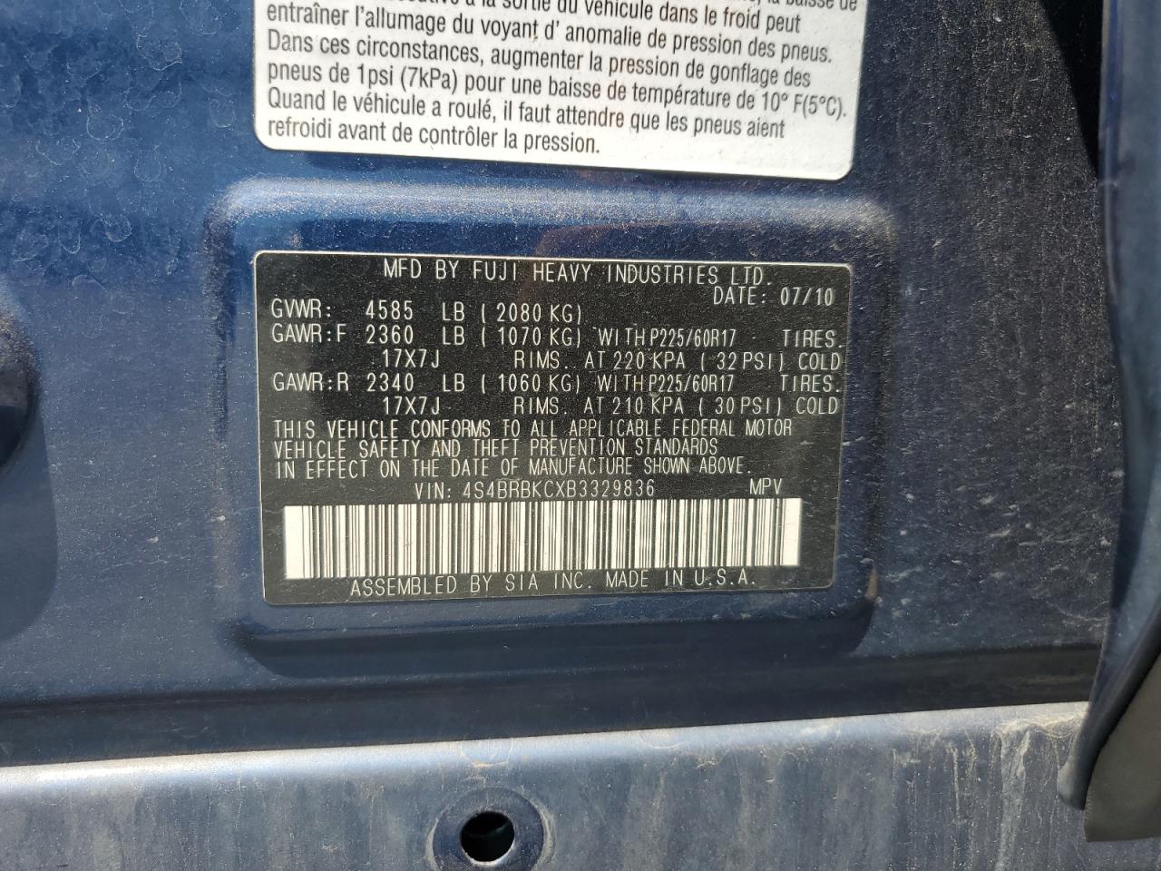 2011 Subaru Outback 2.5I Limited VIN: 4S4BRBKCXB3329836 Lot: 66513875