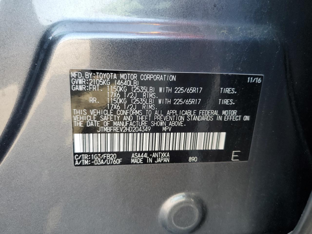 2017 Toyota Rav4 Le VIN: JTMBFREV2HD204349 Lot: 63006825