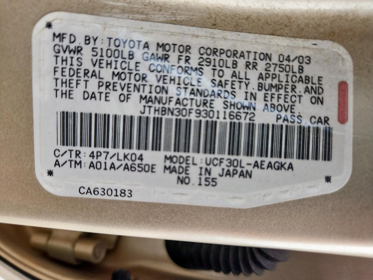 2003 Lexus Ls 430 VIN: JTHBN30F930116672 Lot: 63511895