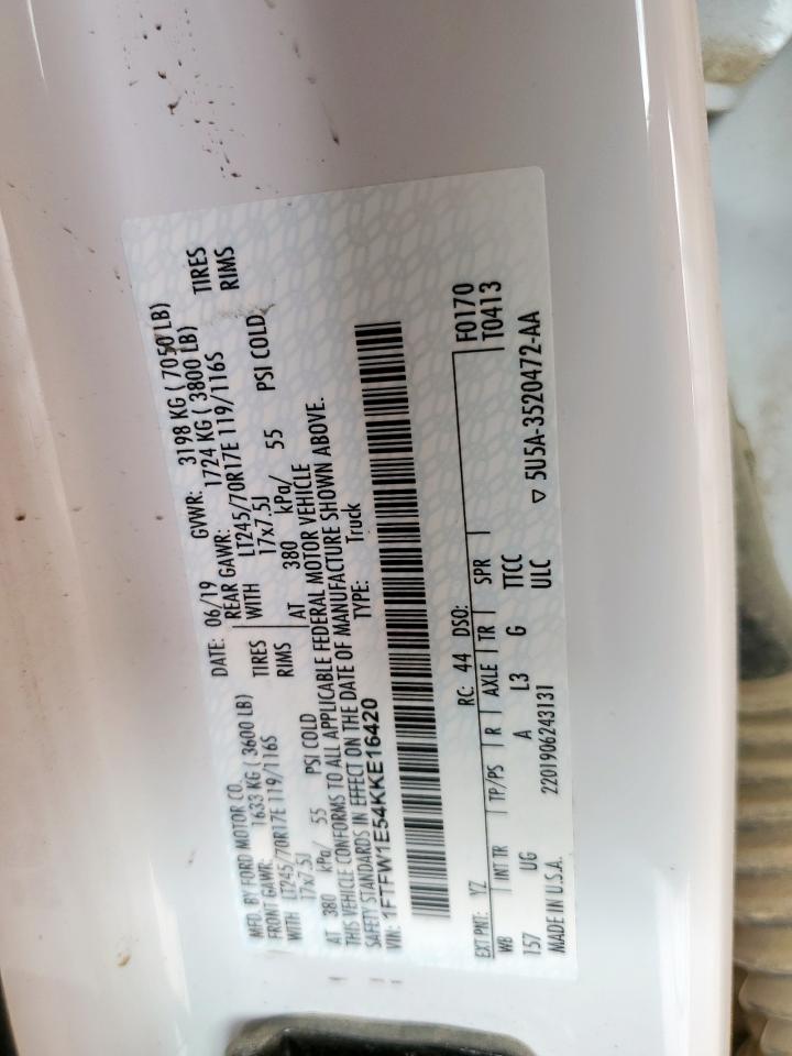 2019 Ford F150 Supercrew VIN: 1FTFW1E54KKE16420 Lot: 62522515