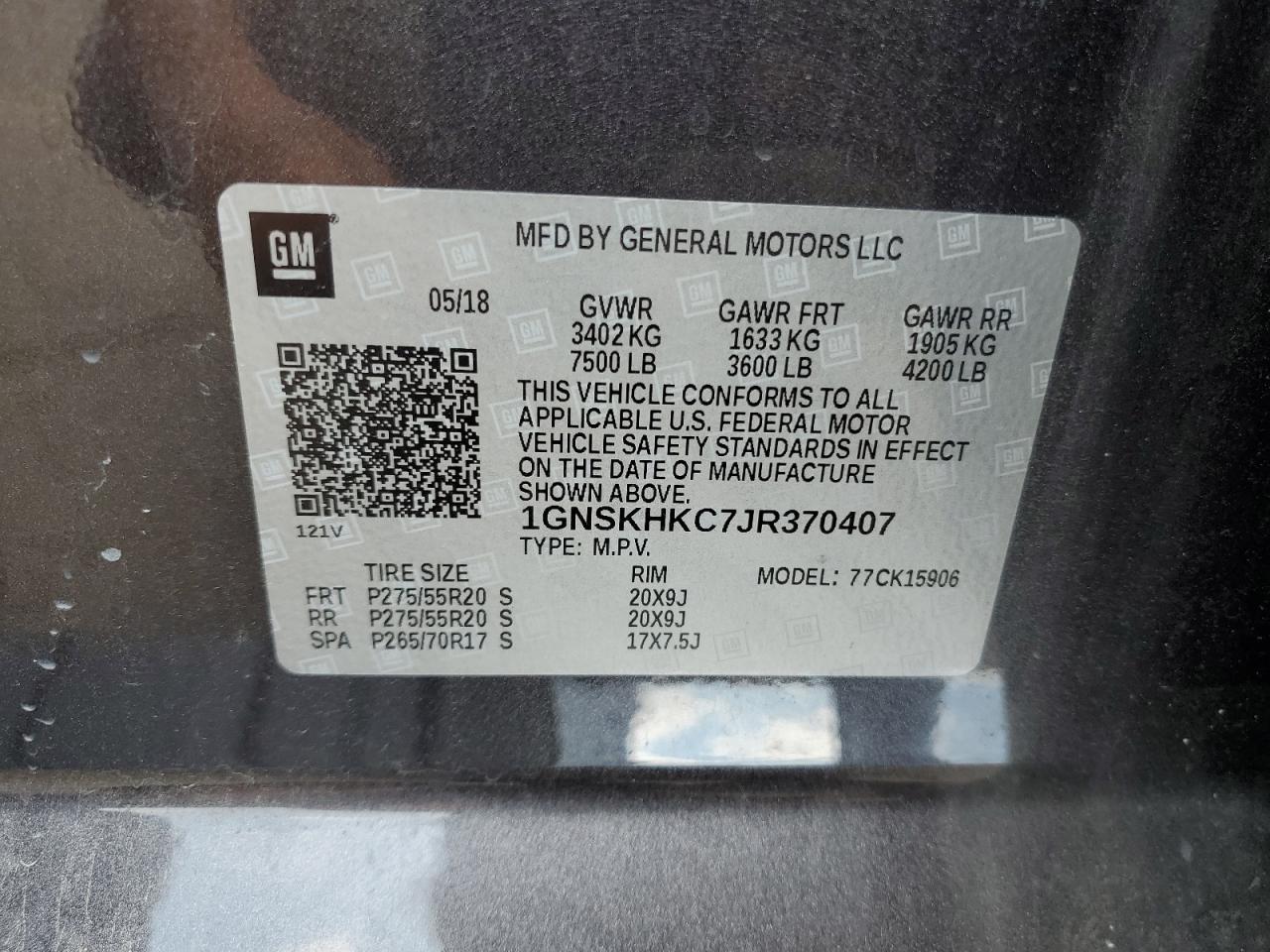 1gnskhkc7jr370407 1GNSKHKC7JR370407 2018 Chevrolet Suburban K1500 Lt