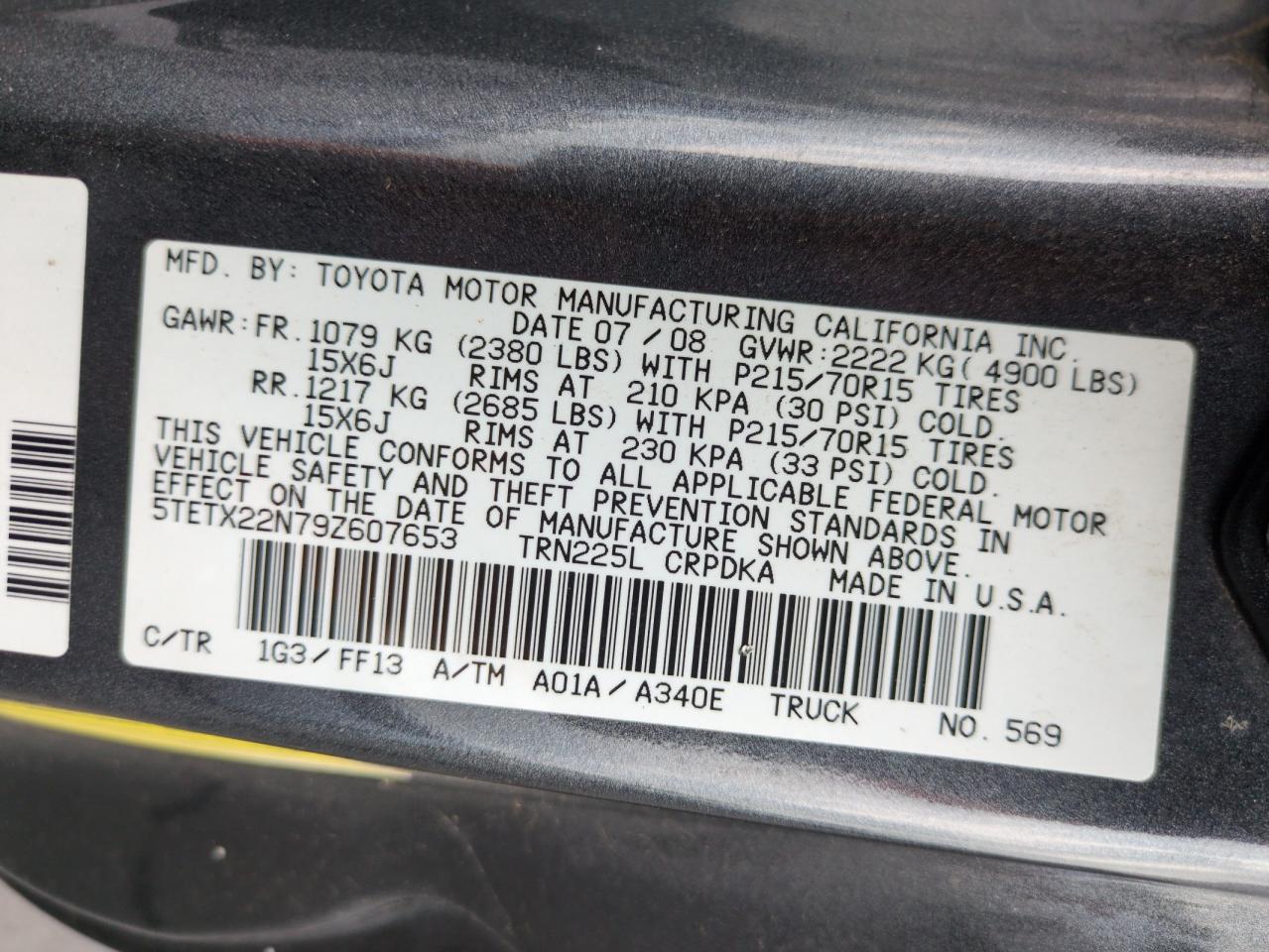 2009 Toyota Tacoma Access Cab VIN: 5TETX22N79Z607653 Lot: 63227965