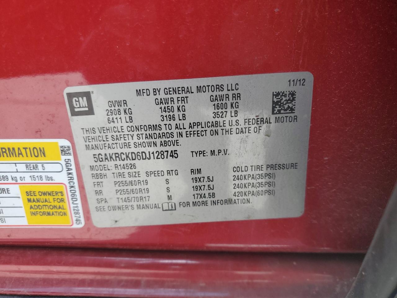 2013 Buick Enclave VIN: 5GAKRCKD6DJ128745 Lot: 63983155
