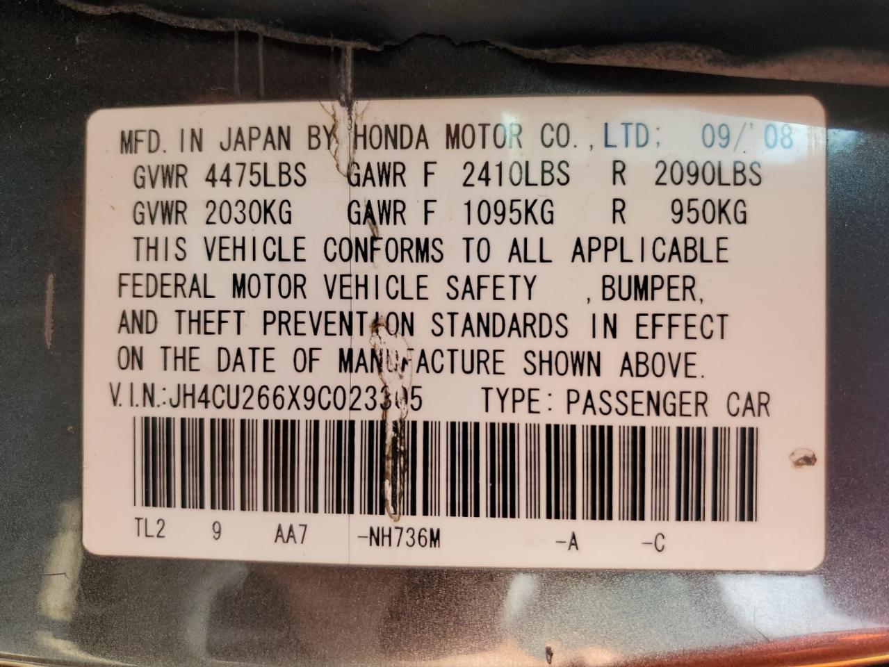 2009 Acura Tsx VIN: JH4CU266X9C023305 Lot: 62645975