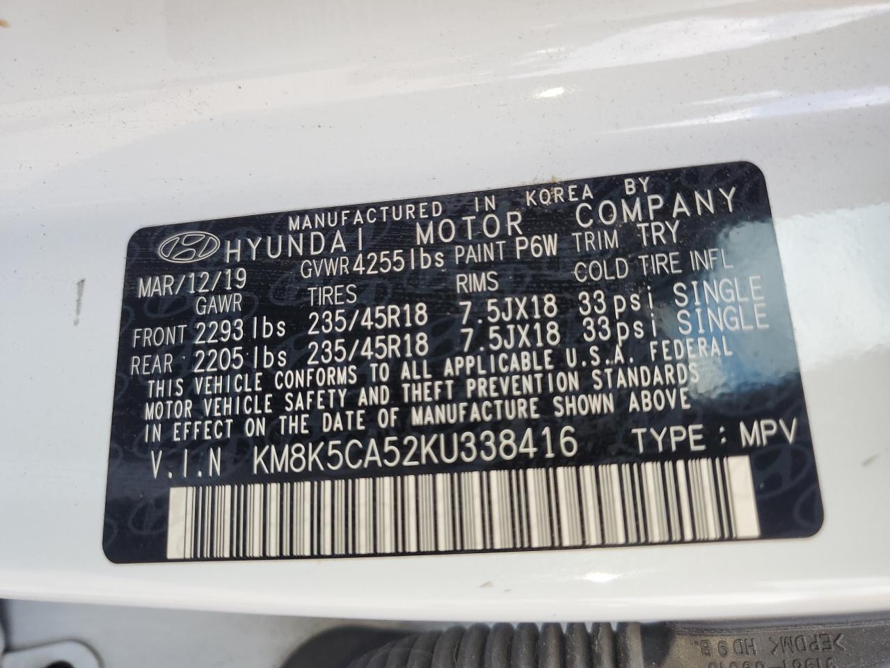 2019 Hyundai Kona Ultimate VIN: KM8K5CA52KU338416 Lot: 62708835