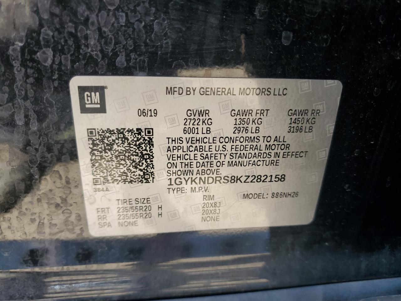 2019 Cadillac Xt5 Luxury VIN: 1GYKNDRS8KZ282158 Lot: 63017105