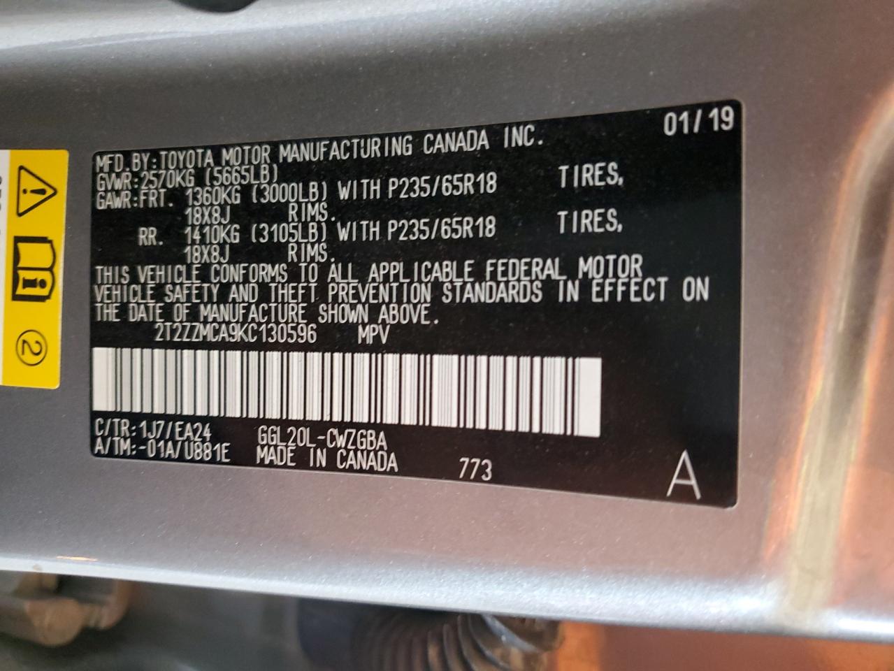 2019 Lexus Rx 350 Base VIN: 2T2ZZMCA9KC130596 Lot: 63831705