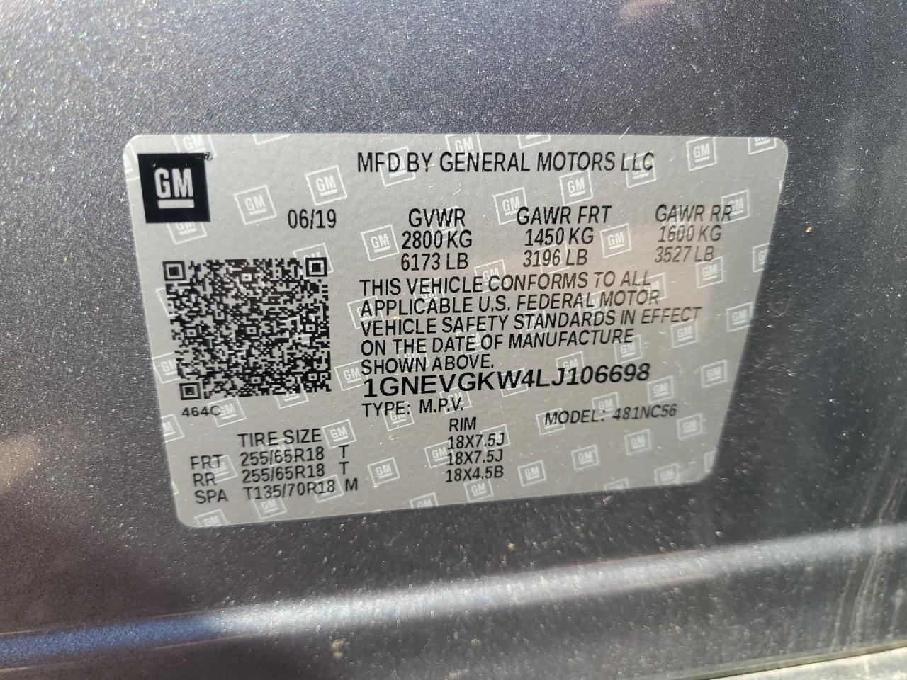 2020 Chevrolet Traverse Lt VIN: 1GNEVGKW4LJ106698 Lot: 63108155