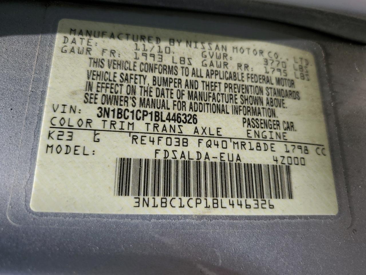 2011 Nissan Versa S VIN: 3N1BC1CP1BL446326 Lot: 63427145