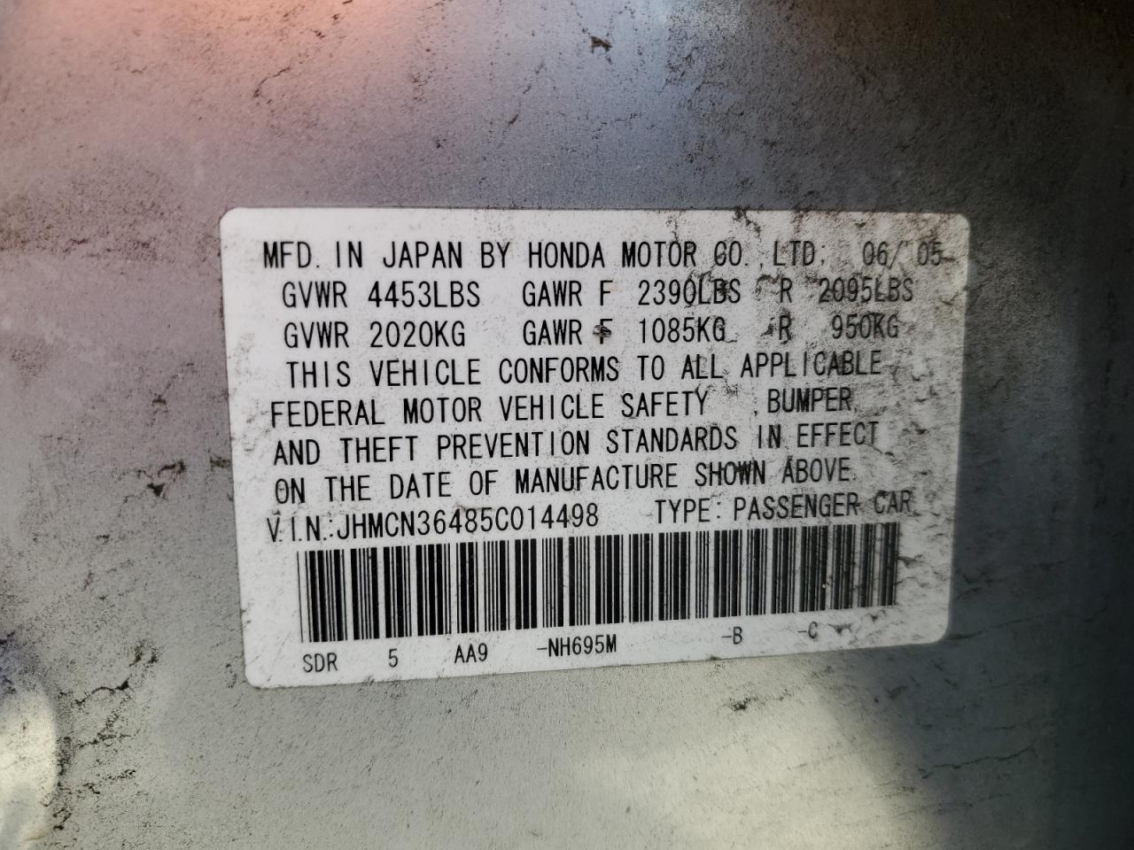 2005 Honda Accord Hybrid VIN: JHMCN36485C014498 Lot: 63325305