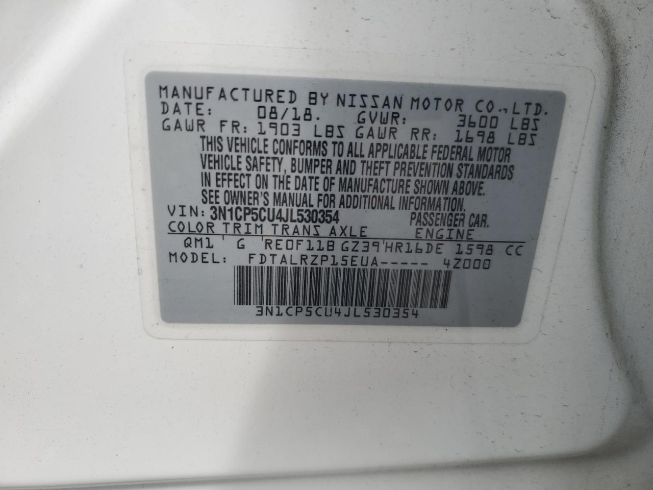2018 Nissan Kicks S VIN: 3N1CP5CU4JL530354 Lot: 64283065