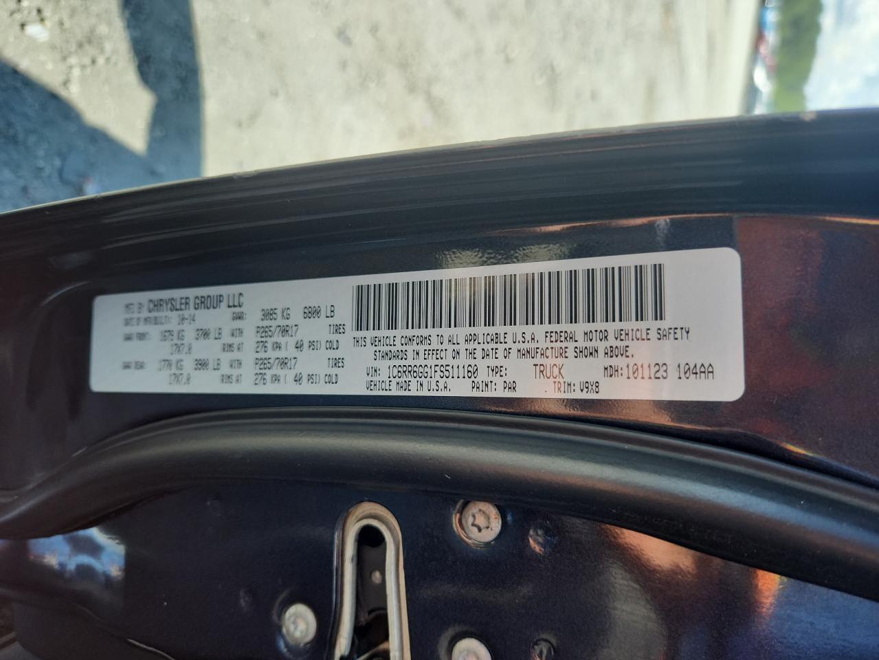 2015 Ram 1500 Slt VIN: 1C6RR6GG1FS511160 Lot: 62945485