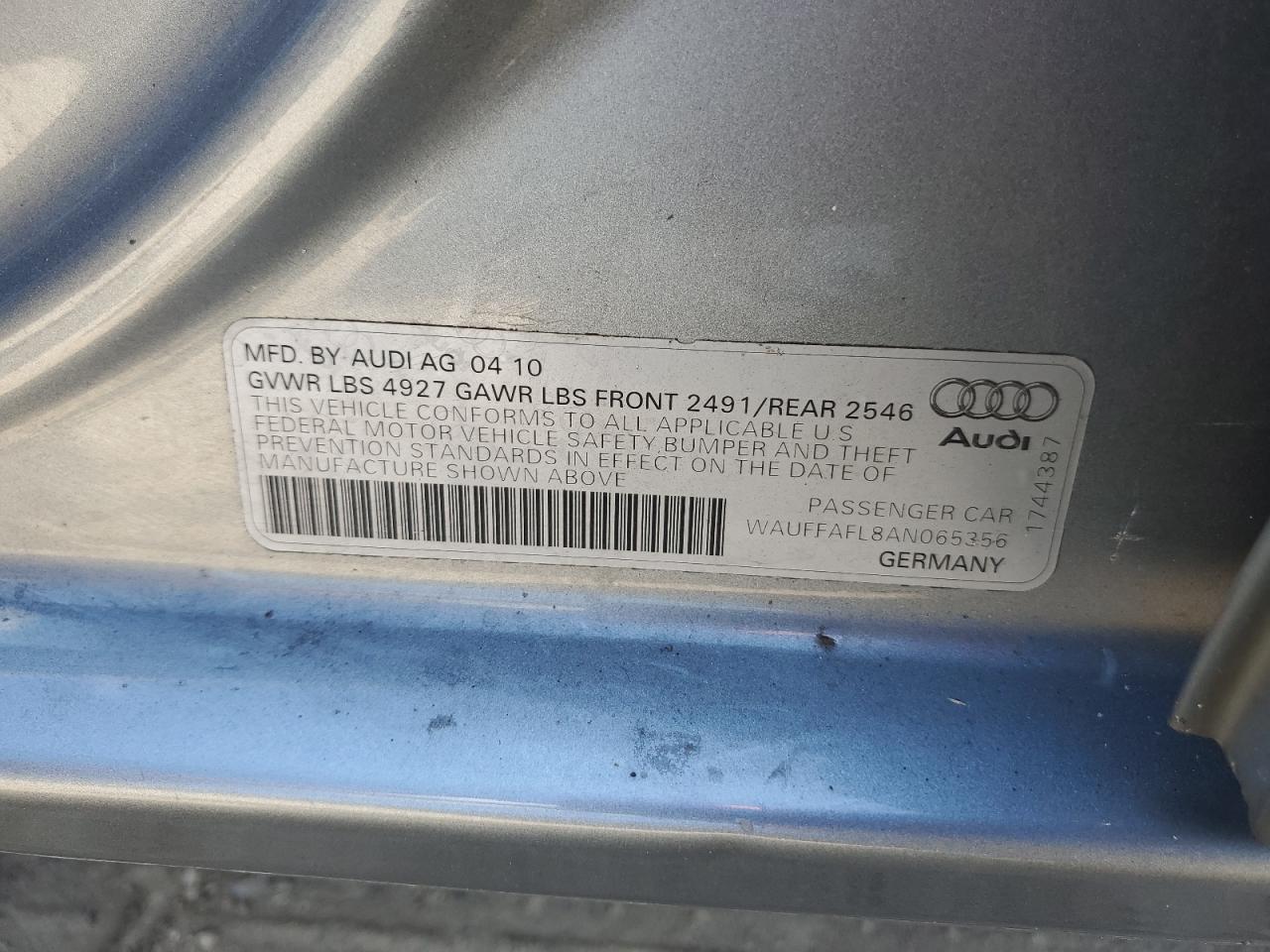 2010 Audi A4 Premium Plus VIN: WAUFFAFL8AN065356 Lot: 63534955