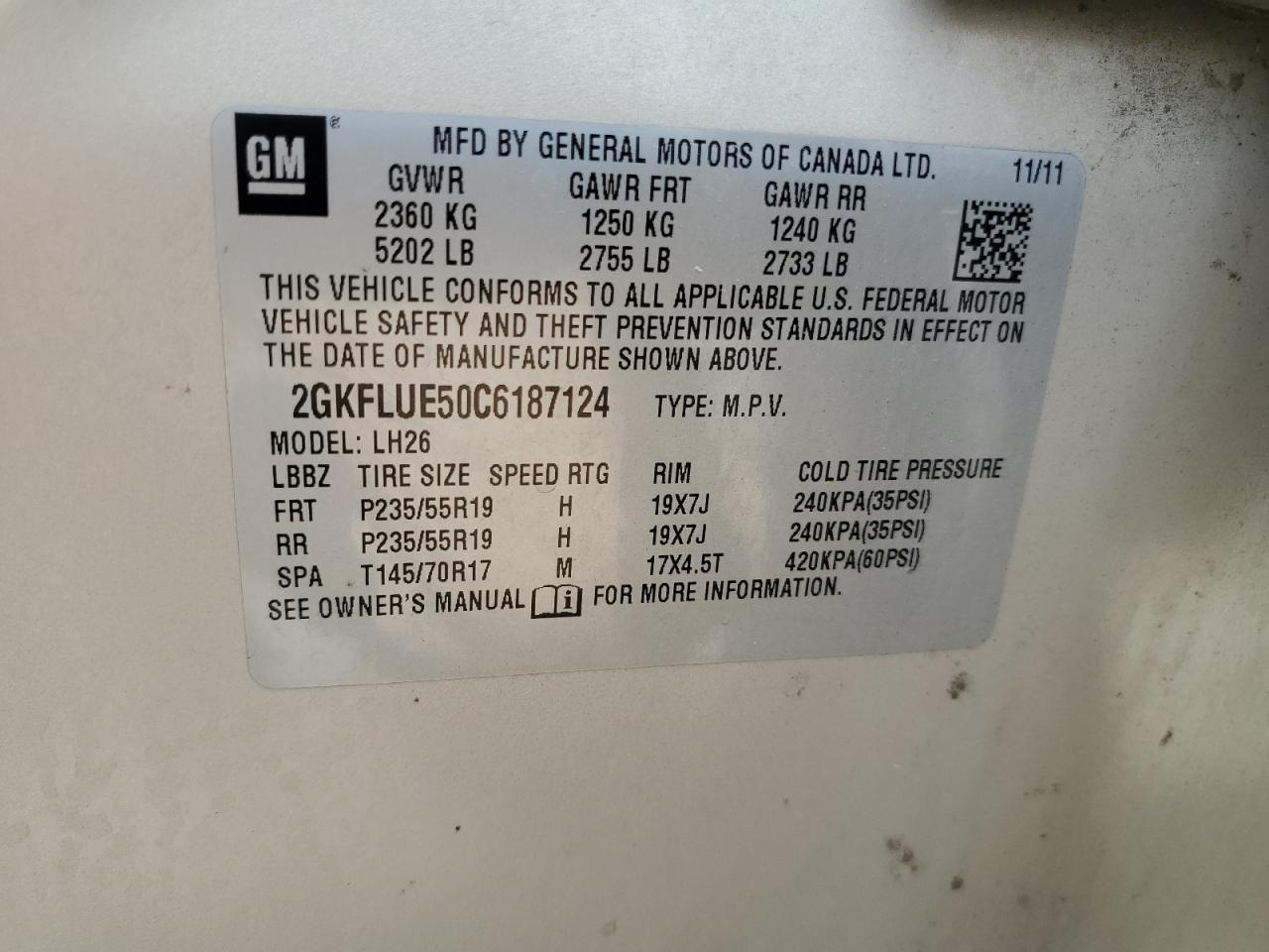 2012 GMC Terrain Slt VIN: 2GKFLUE50C6187124 Lot: 63220555