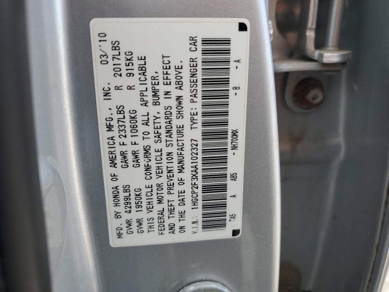 2010 Honda Accord Lx VIN: 1HGCP2F3XAA102327 Lot: 65036635