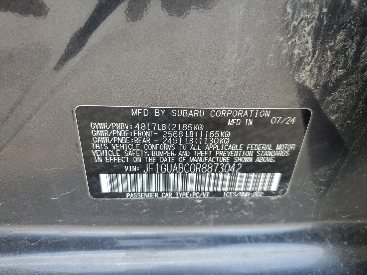 2024 Subaru Impreza VIN: JF1GUABC0R8873042 Lot: 65215255