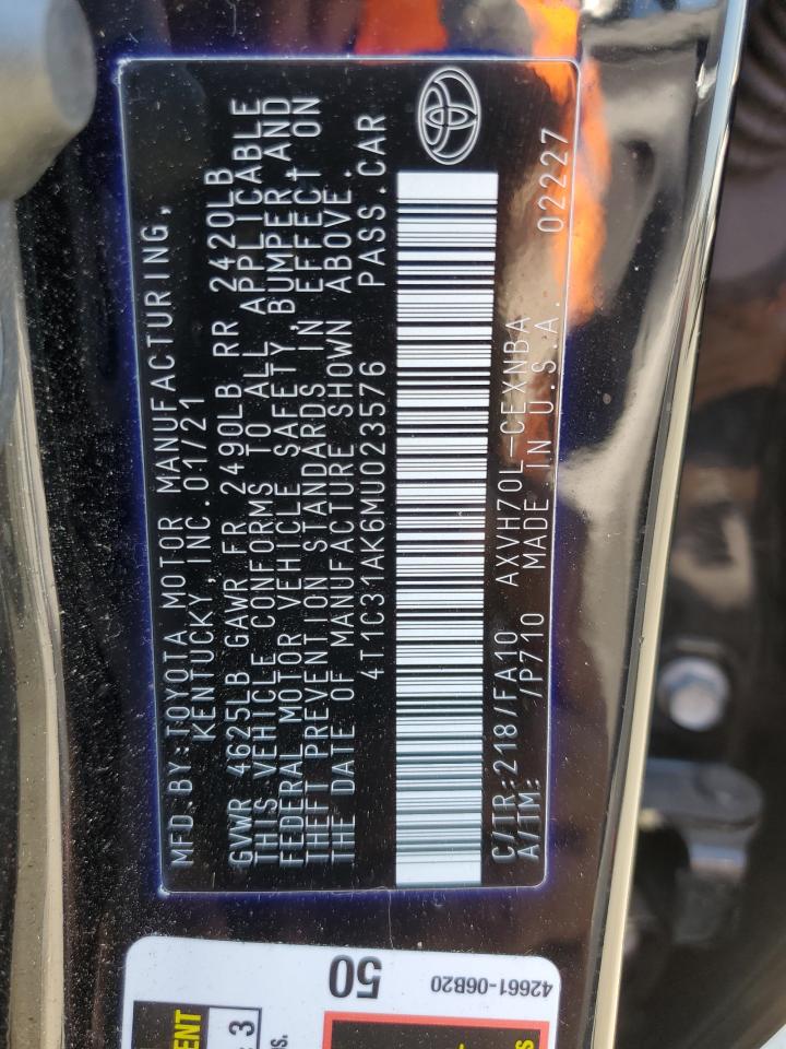 2021 Toyota Camry Le VIN: 4T1C31AK6MU023576 Lot: 64853385