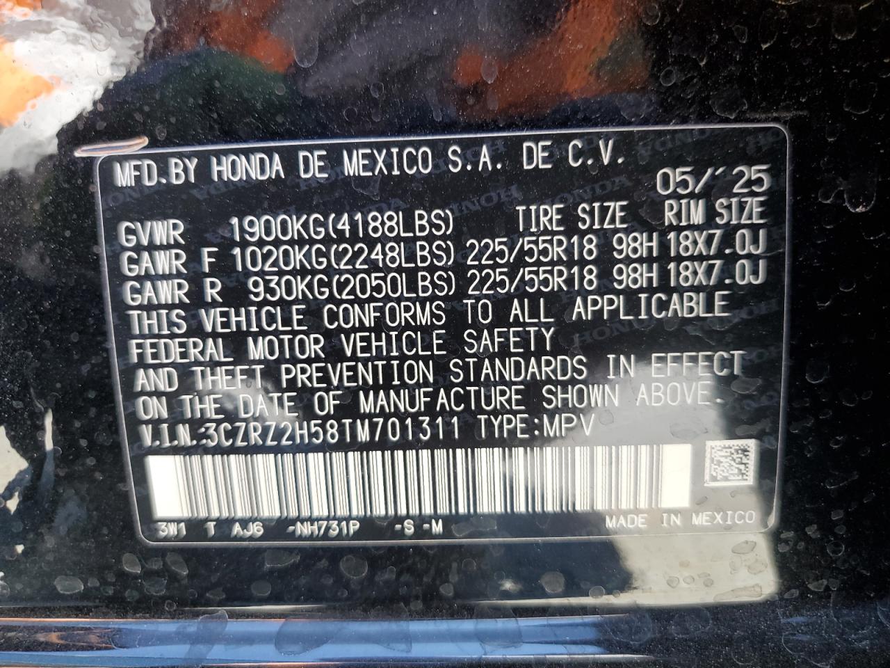 2026 Honda Hr-V Sport VIN: 3CZRZ2H58TM701311 Lot: 66731335