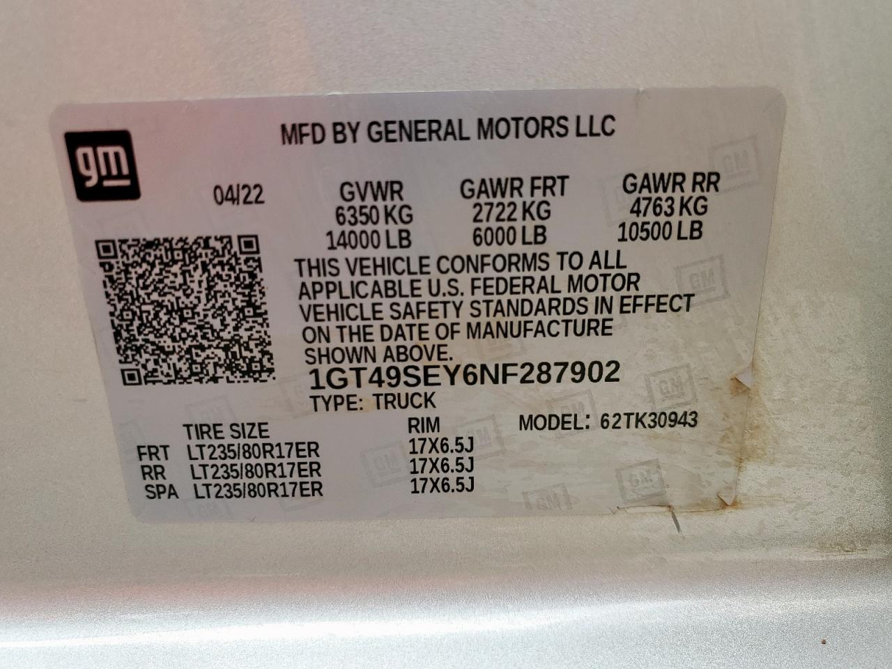 2022 GMC Sierra K3500 VIN: 1GT49SEY6NF287902 Lot: 64803025