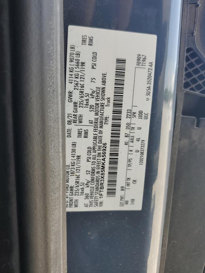 2021 Ford Transit T-250 VIN: 1FTBR3X85MKA56926 Lot: 65587485