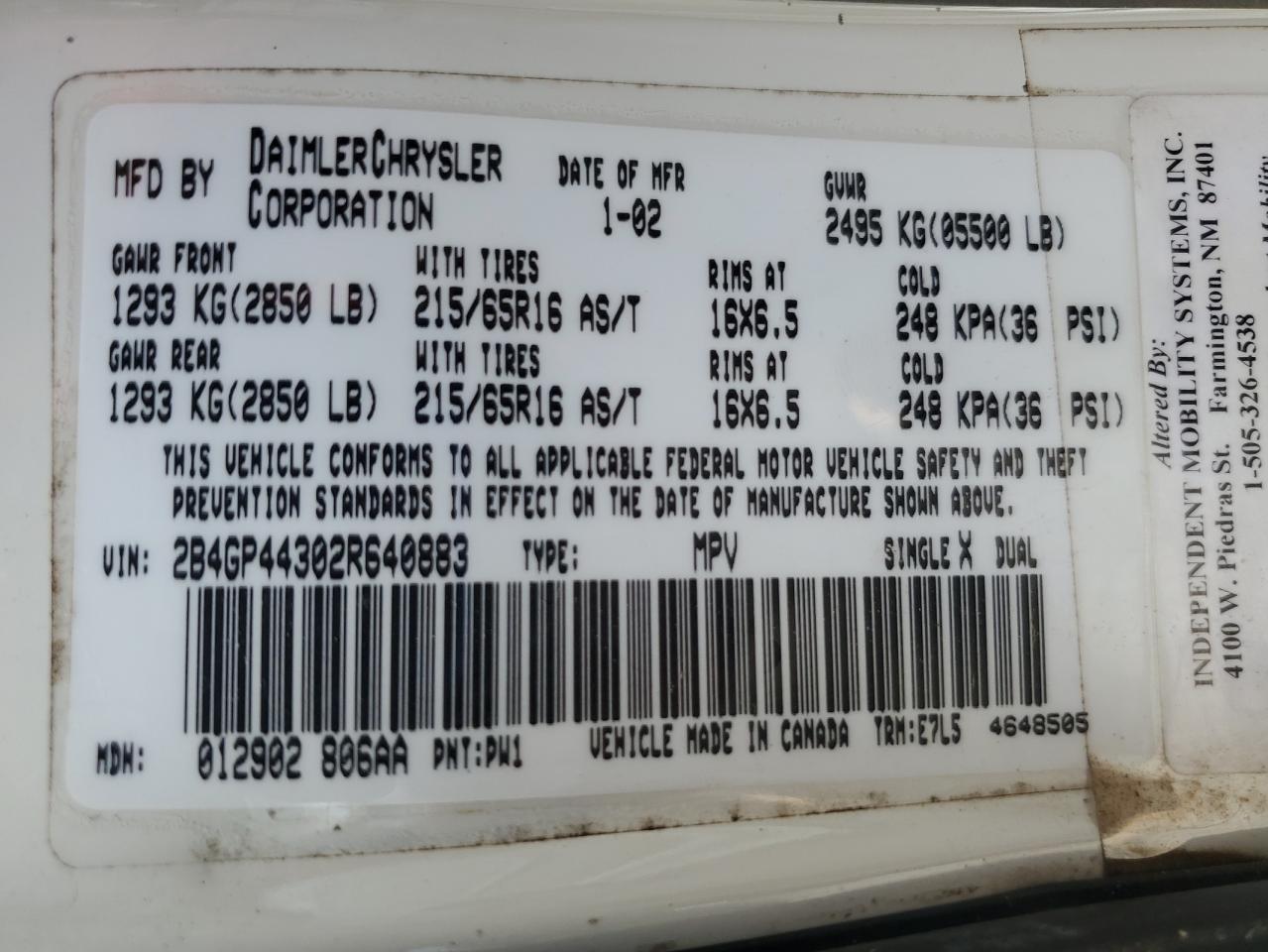 2002 Dodge Grand Caravan Sport VIN: 2B4GP44302R640883 Lot: 63462385