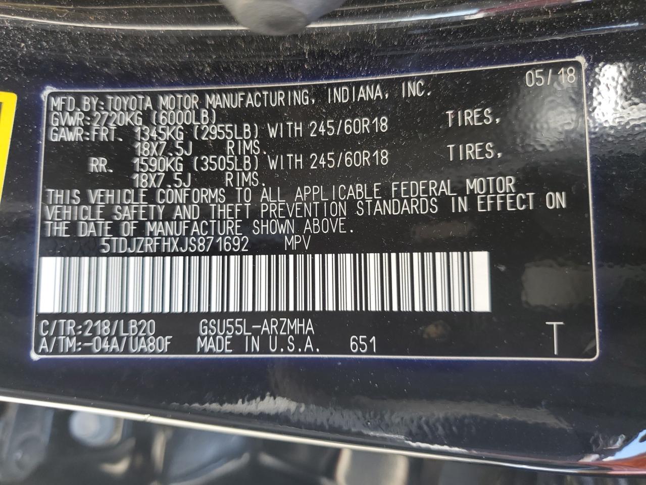 2018 Toyota Highlander Se VIN: 5TDJZRFHXJS871692 Lot: 65020225