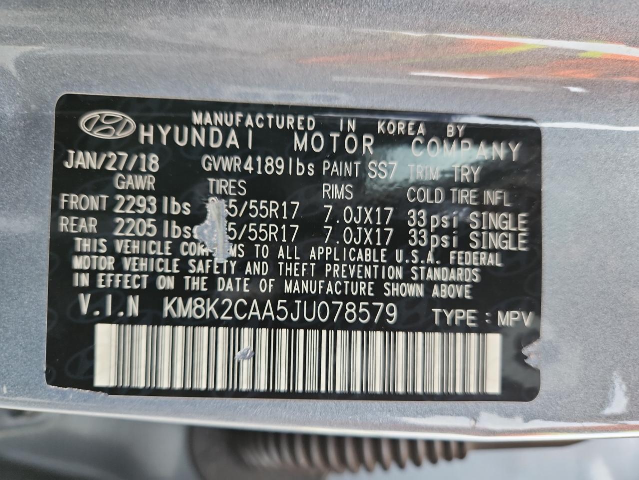 2018 Hyundai Kona Sel VIN: KM8K2CAA5JU078579 Lot: 65089715
