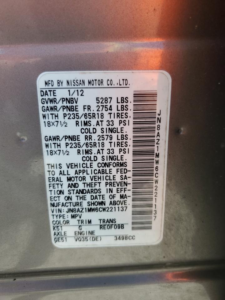 2012 Nissan Murano S VIN: JN8AZ1MW6CW221137 Lot: 63157505