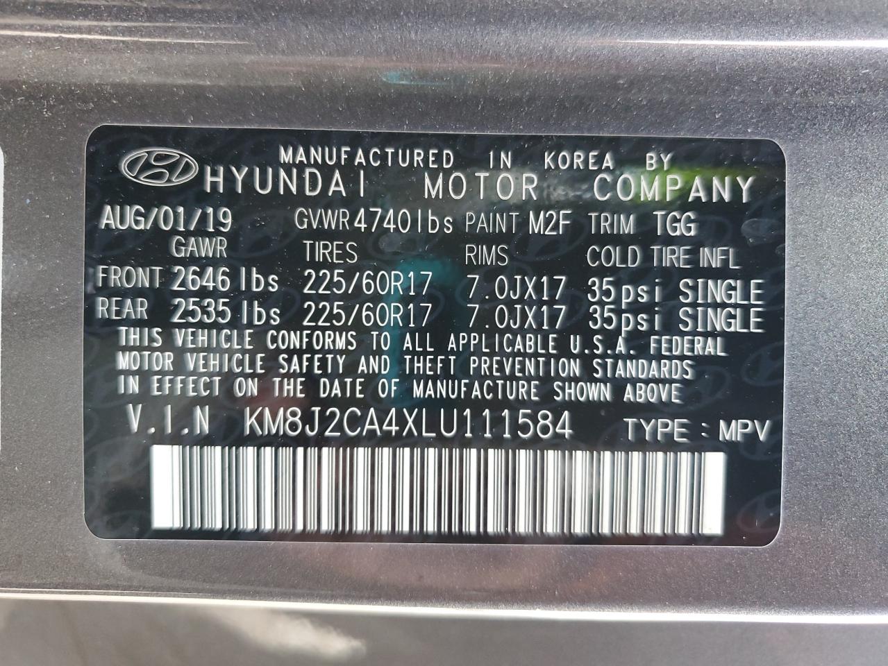 2020 Hyundai Tucson Se VIN: KM8J2CA4XLU111584 Lot: 64382555