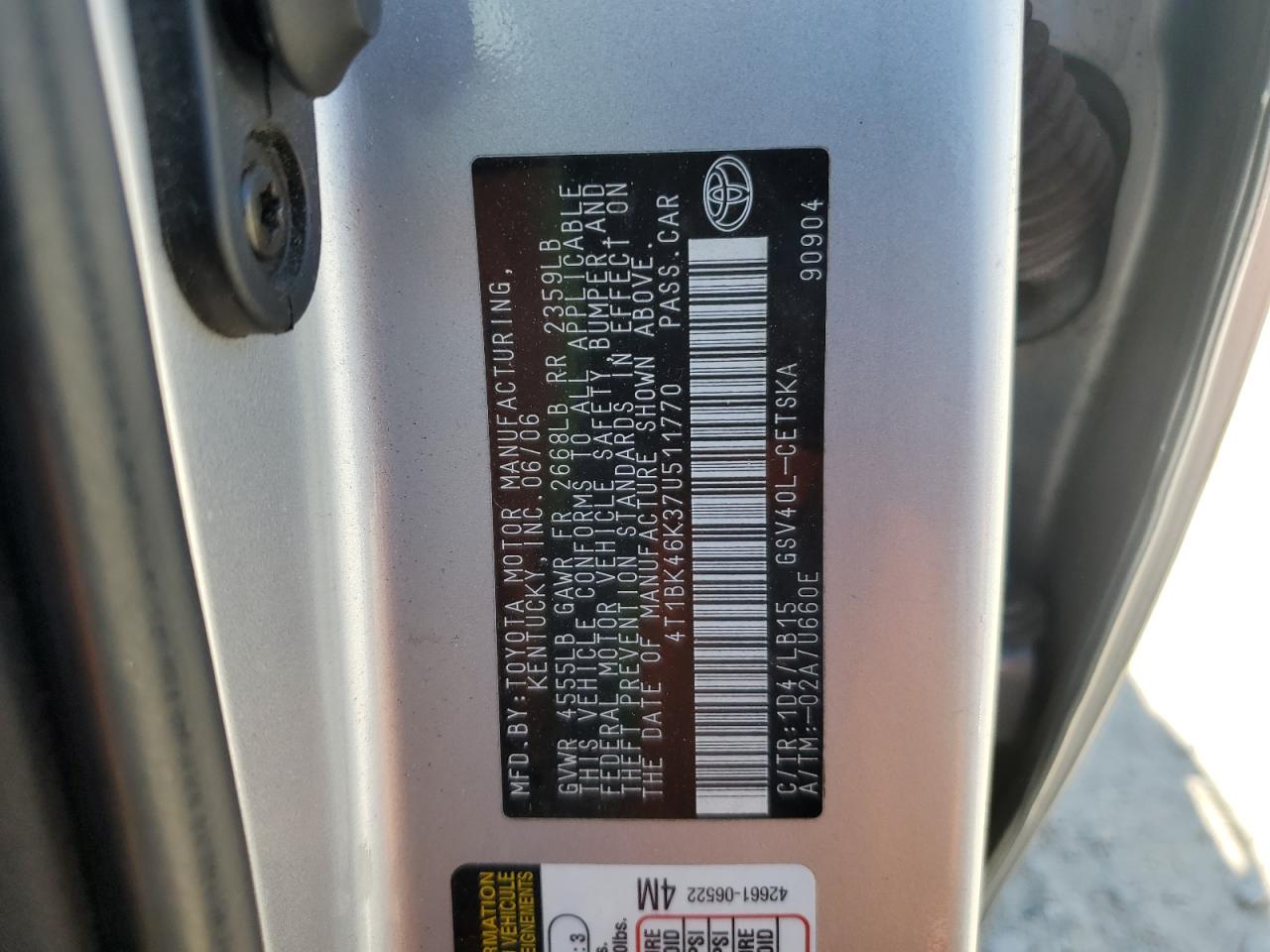 2007 Toyota Camry Le VIN: 4T1BK46K37U511770 Lot: 65470975