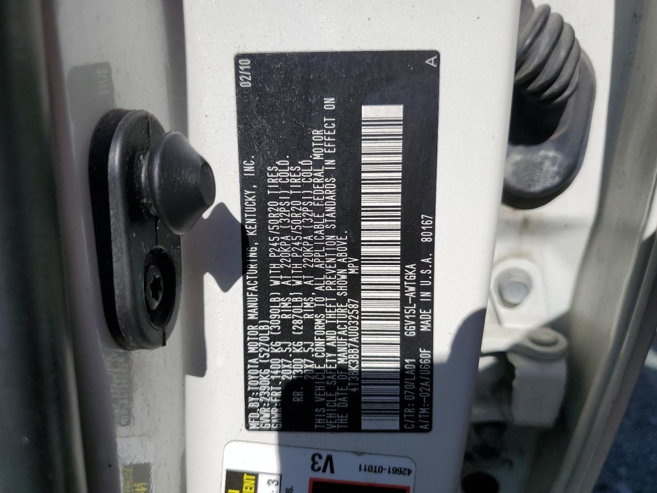 2010 Toyota Venza VIN: 4T3BK3BB7AU032587 Lot: 62559375