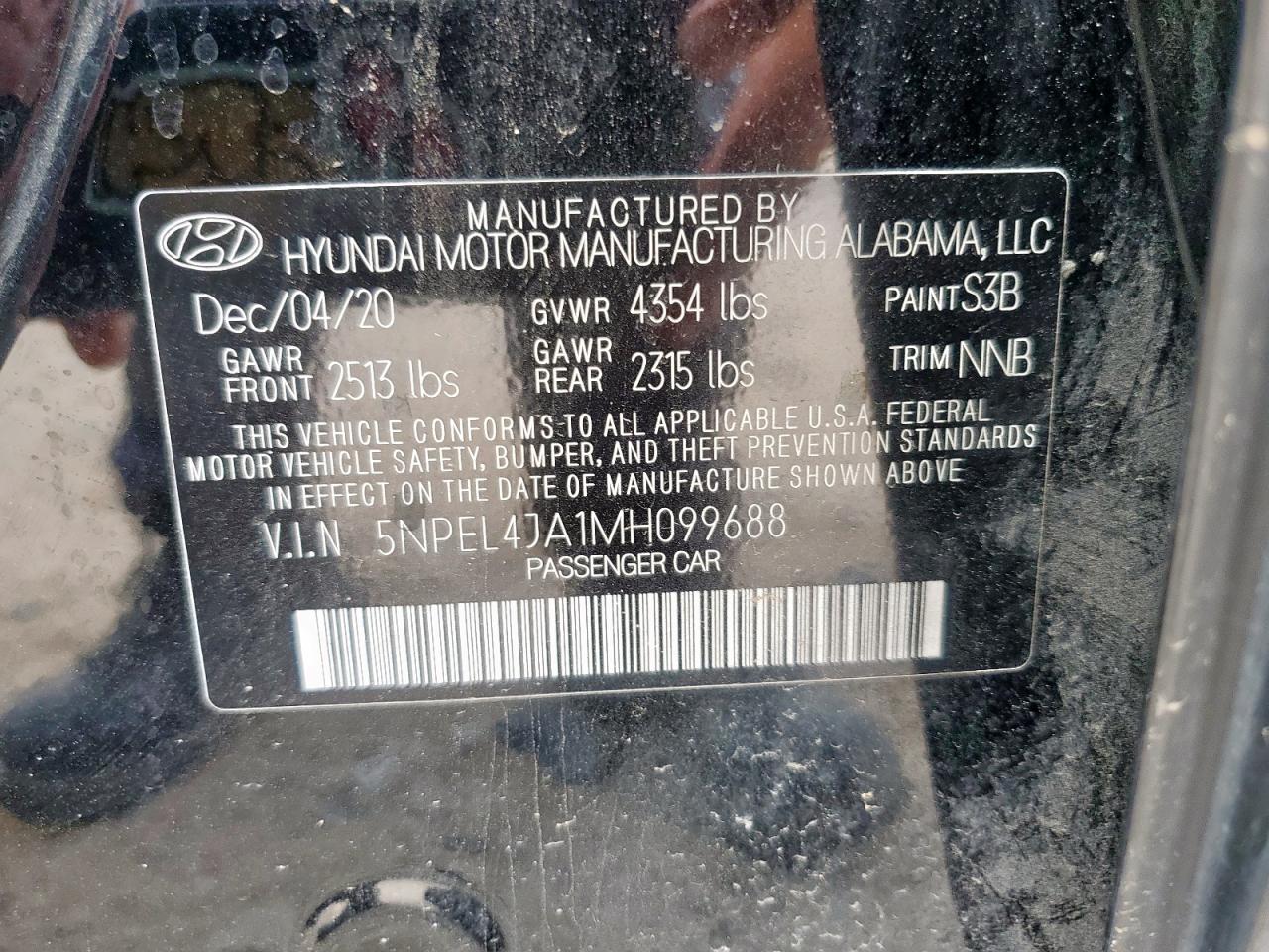 2021 Hyundai Sonata Sel VIN: 5NPEL4JA1MH099688 Lot: 64834225