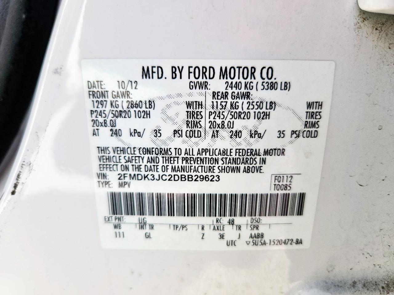 2013 Ford Edge Sel VIN: 2FMDK3JC2DBB29623 Lot: 63419165