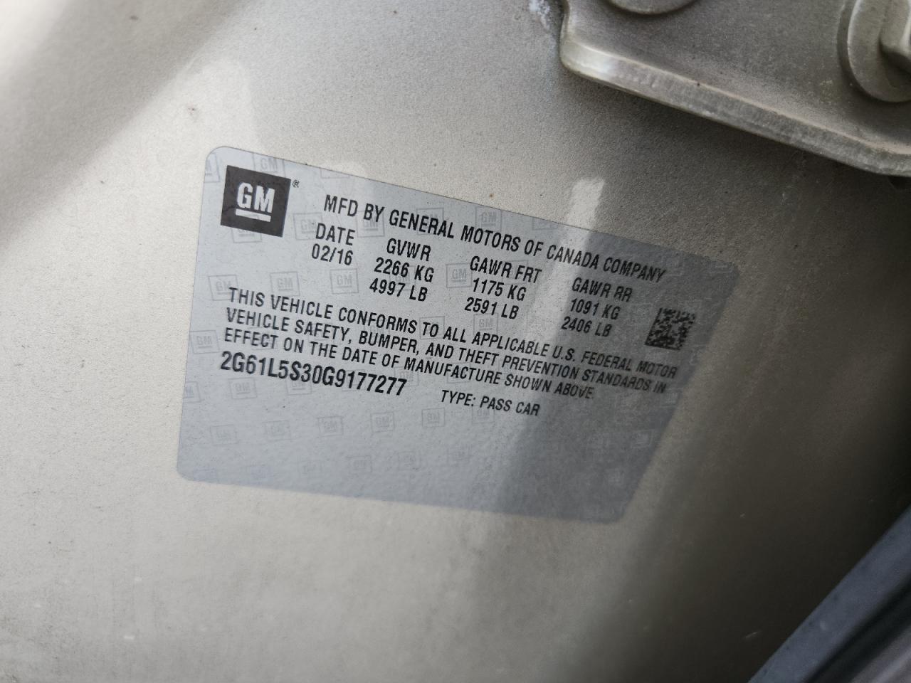 2016 Cadillac Xts VIN: 2G61L5S30G9177277 Lot: 66161805