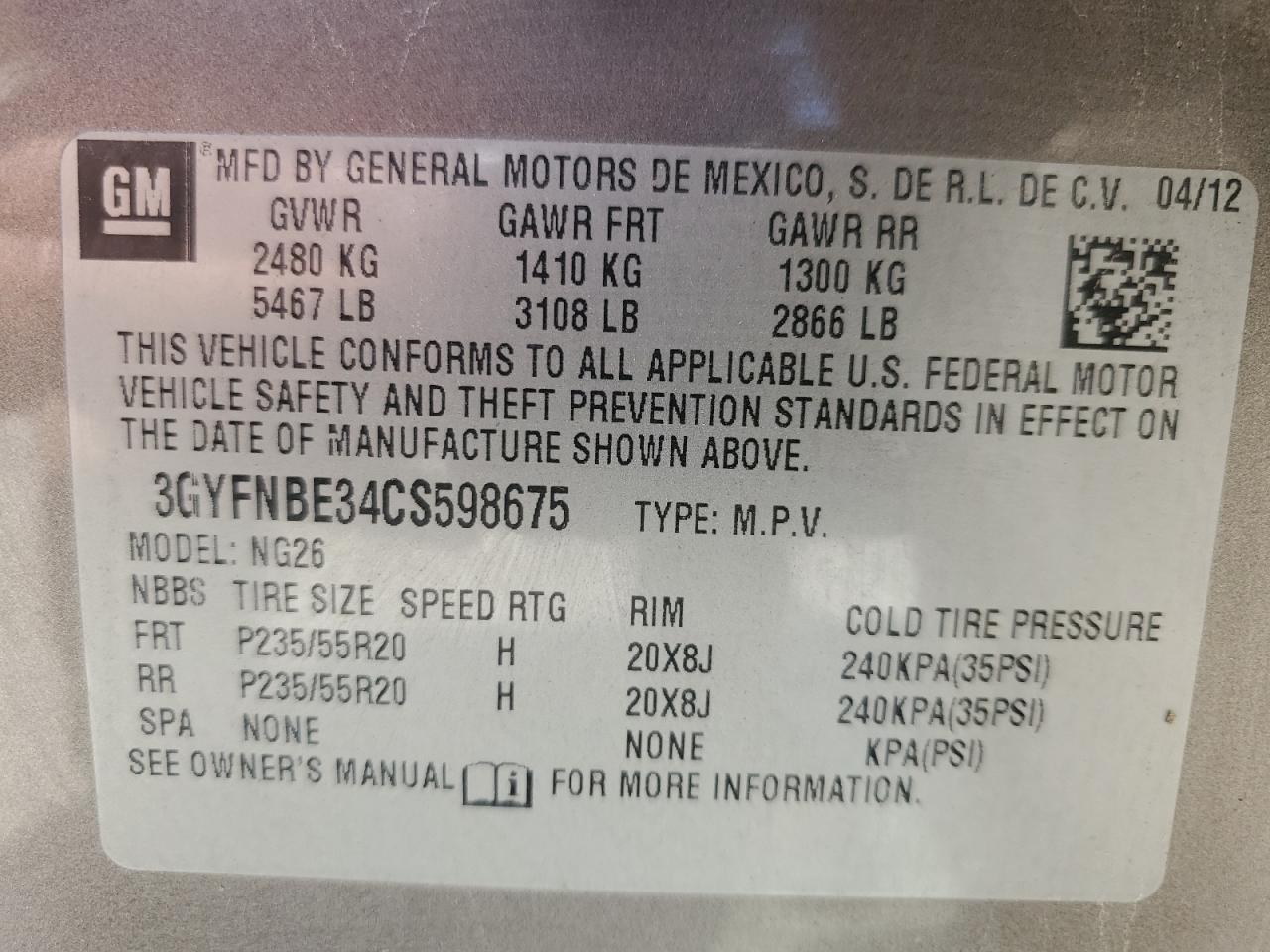 2012 Cadillac Srx Performance Collection VIN: 3GYFNBE34CS598675 Lot: 63554355
