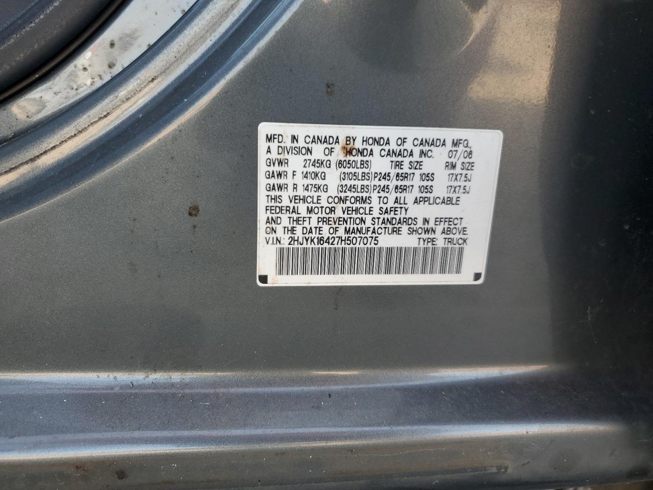2007 Honda Ridgeline Rts VIN: 2HJYK16427H507075 Lot: 64063725