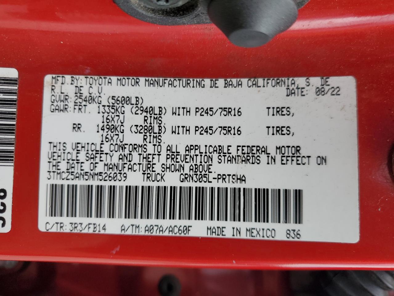 2022 Toyota Tacoma Double Cab VIN: 3TMCZ5AN5NM526039 Lot: 65377785