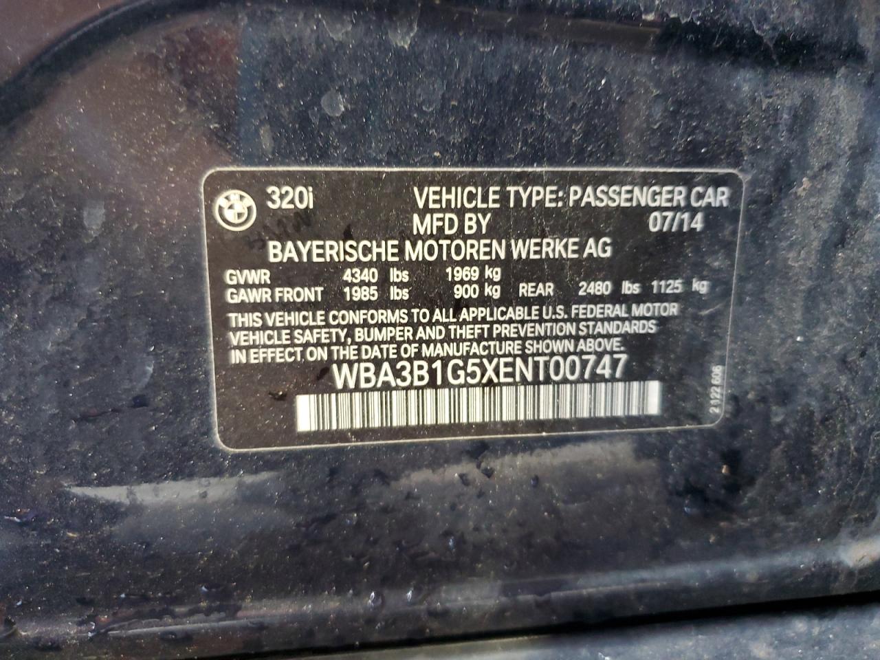 2014 BMW 320 I VIN: WBA3B1G5XENT00747 Lot: 64737935