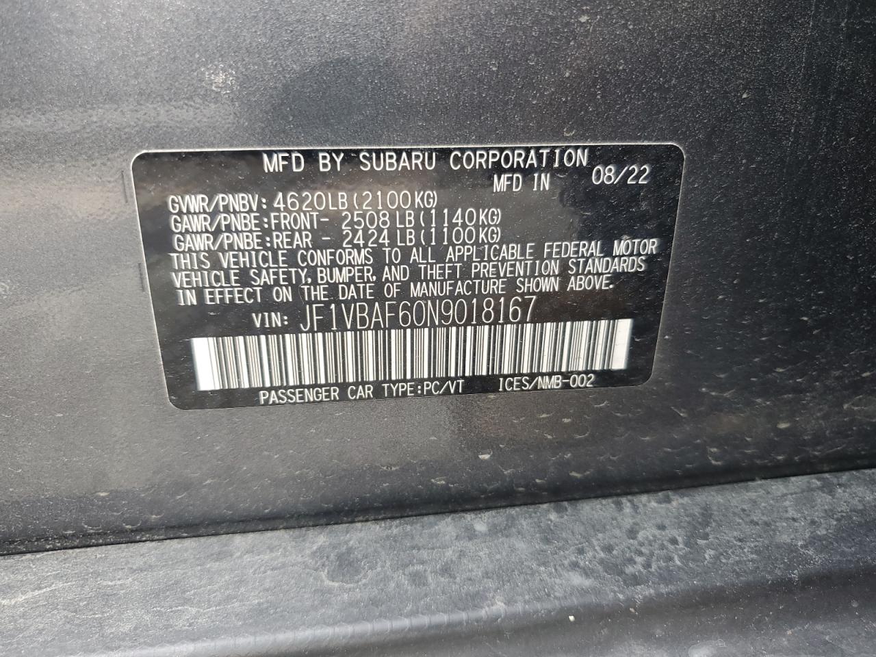 2022 Subaru Wrx Premium VIN: JF1VBAF60N9018167 Lot: 64861715