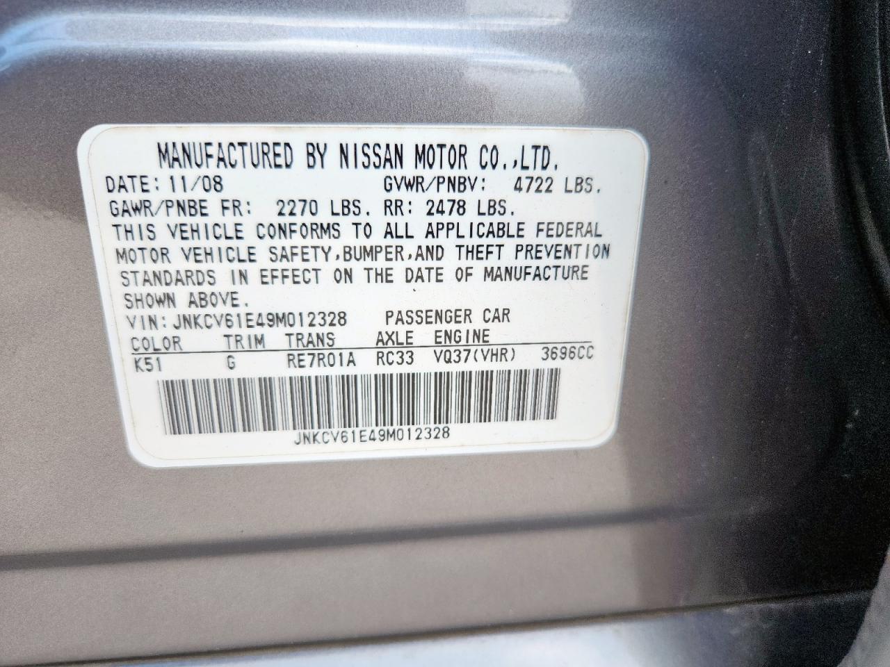 2009 Infiniti G37 Base VIN: JNKCV61E49M012328 Lot: 63250715