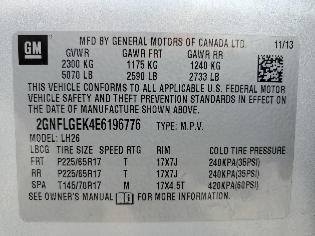 2014 Chevrolet Equinox Lt VIN: 2GNFLGEK4E6196776 Lot: 65095125