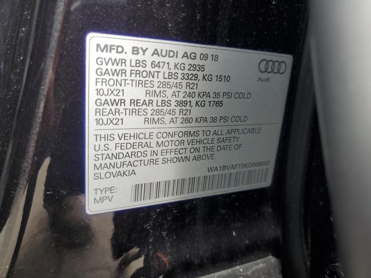 2019 Audi Q8 Premium Plus VIN: WA1BVAF15KD008052 Lot: 62927295